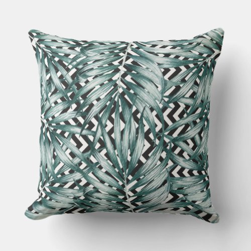 Monochrome black  white zig zag green leaf design throw pillow