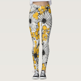 Monochrome Blooms: Mimosa and Daisy Fusion Leggings