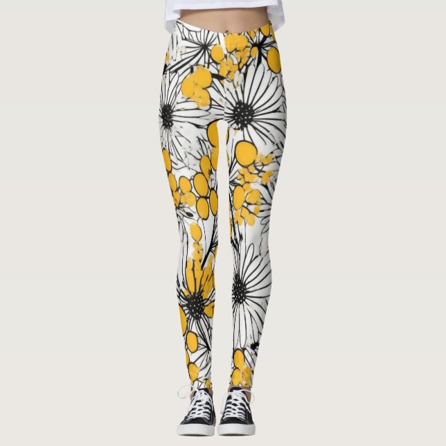 Monochrome Blooms: Mimosa and Daisy Fusion Leggings (Front)