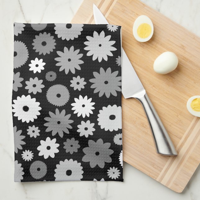 Monochrome Blooms Pattern Kitchen Towel (Quarter Fold)