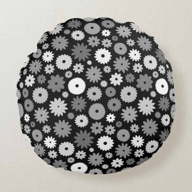 Monochrome Blooms Pattern Round Pillow (Front)