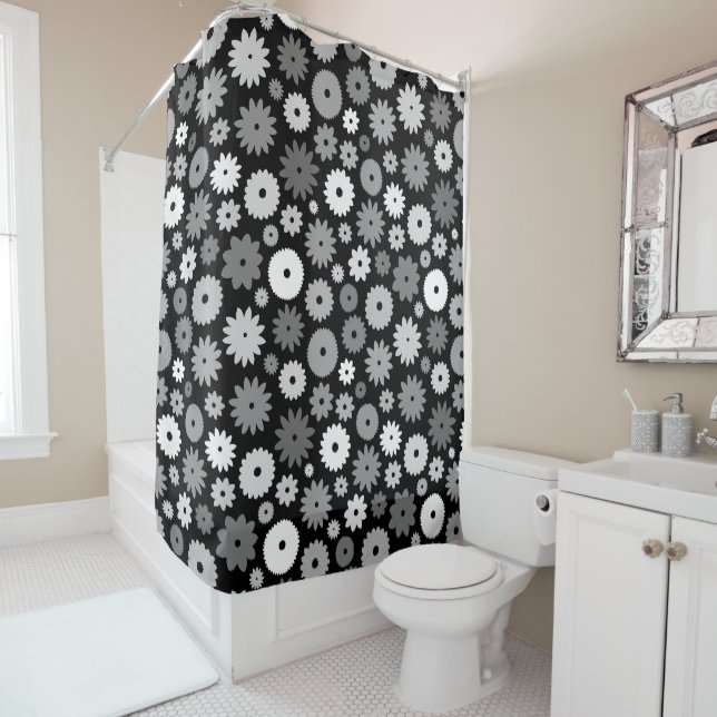 Monochrome Blooms Pattern Shower Curtain (In Situ)