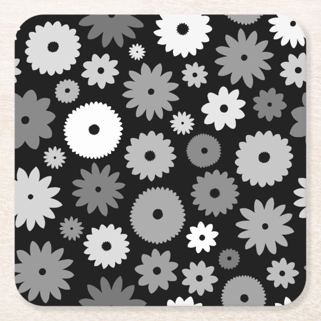 Monochrome Blooms Pattern Square Paper Coaster (Front)