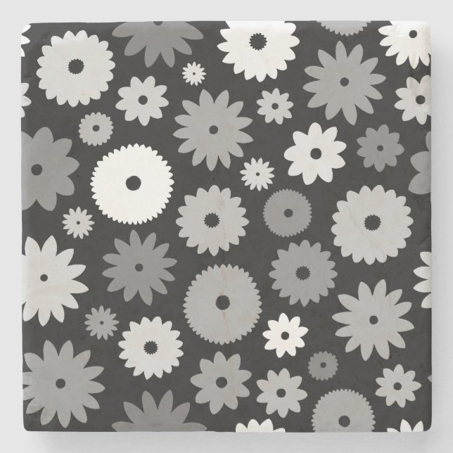 Monochrome Blooms Pattern Stone Coaster (Front)