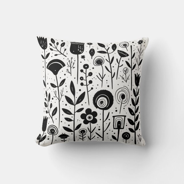 Monochrome Blooms Throw Pillow (Front)