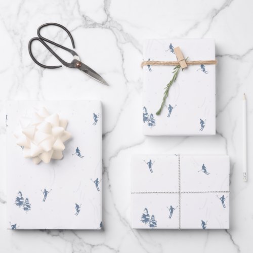 Monochrome Blue Alpine Skiers Skiing  Wrapping Paper Sheets