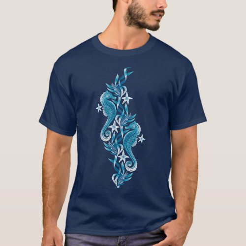 Monochrome Blue and White Seahorses and Starfish T_Shirt