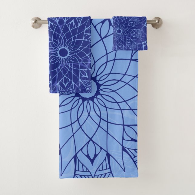 Monochrome Blue Mandala Bath Towels Set (Insitu)