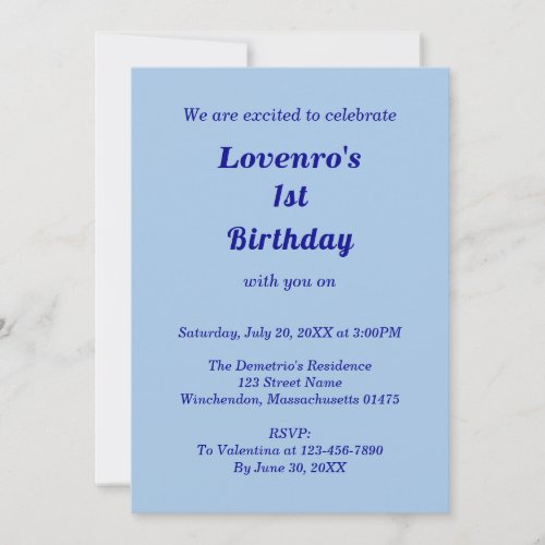 Monochrome Blue Plain Texts Kids Birthday Invitation