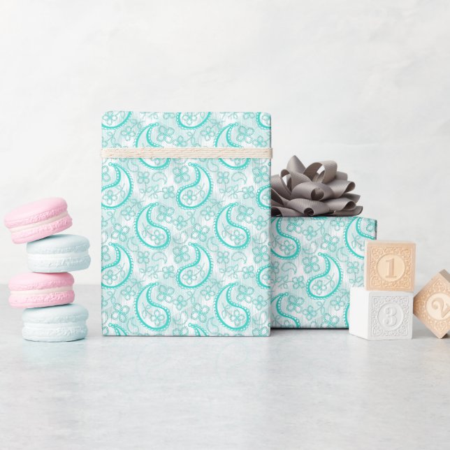Monochrome blue turquoise paisley pattern wrapping paper (Baby Shower)