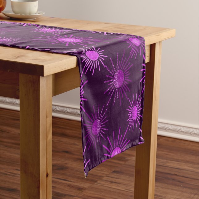 Monochrome boho sun pattern - purple short table runner (In Situ)