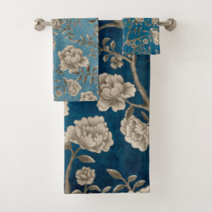 Monochrome Botanical Greenery Floral Chinoiserie Bath Towel Set
