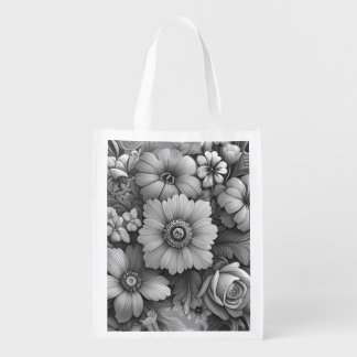 Monochrome Bouquet of Flowers Grocery Bag