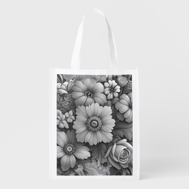 Monochrome Bouquet of Flowers Grocery Bag (Front)