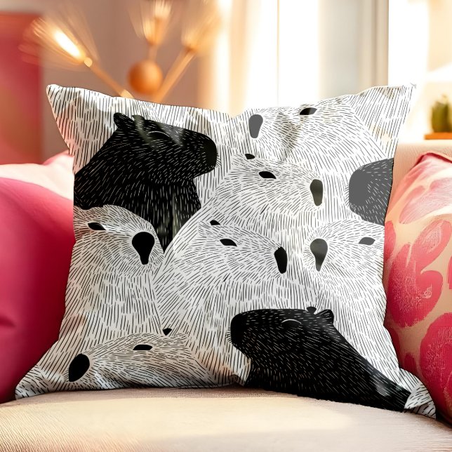 Monochrome Capybara Crowd – Minimalist Animal Line Throw Pillow (This captivating capybara pattern brings modern charm with a dash of quirky personality. )