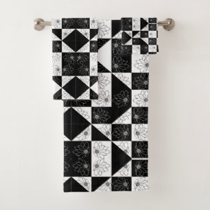 Monochrome Checkerboard and floral Glamour Pattern Bath Towel Set