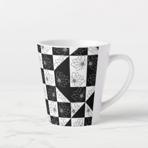 Monochrome Checkerboard and floral Glamour Pattern Latte Mug