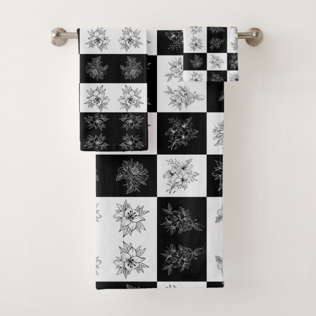 Monochrome Checkerboard FLowers Elegant pattern Bath Towel Set (Insitu)