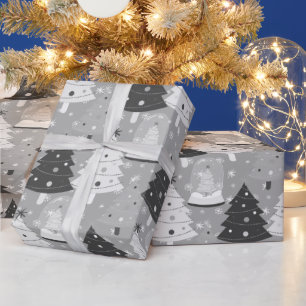 Monochrome Christmas Trees and Snow Globe Wrapping Paper