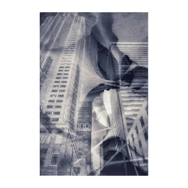 Monochrome Cityscape and Fallen Leaves Acrylic Print (Front)