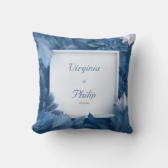 Monochrome Cobalt Blue Floral Modern Square Throw Pillow (Front)