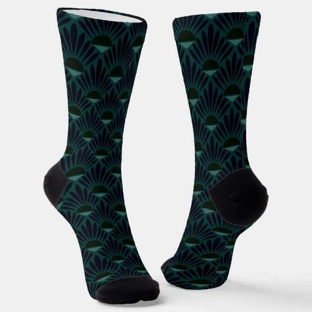 Monochrome dark blue green art deco. socks (Angled)