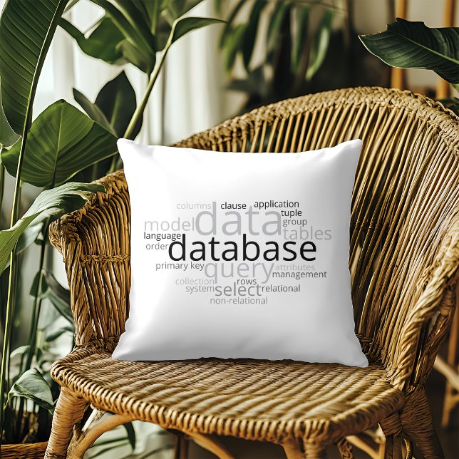 Monochrome Database Word Cloud v2 Throw Pillow (Creator Uploaded)