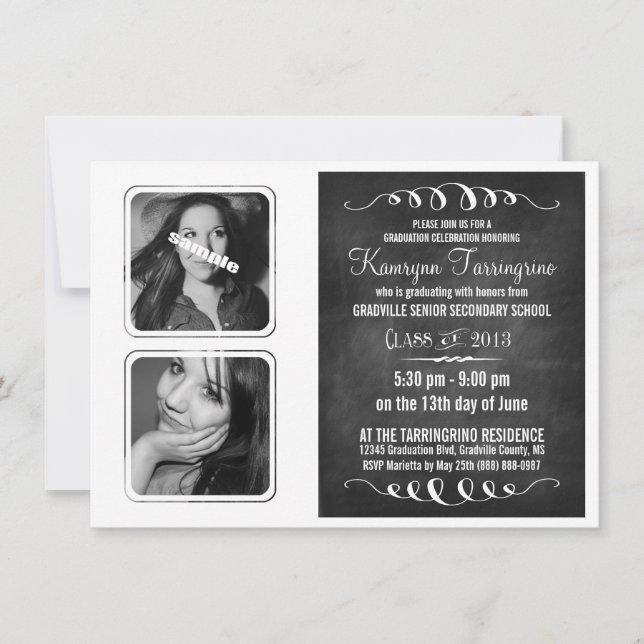 Monochrome Deluxe Double Photo Chalkboard Grad Invitation (Front)