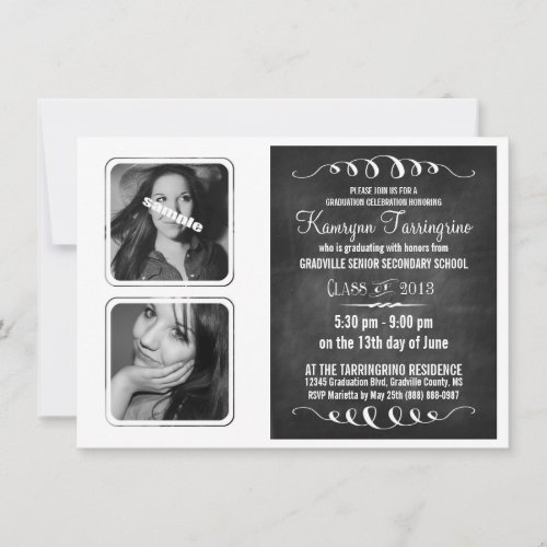 Monochrome Deluxe Double Photo Chalkboard Grad Invitation