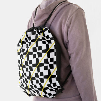 Monochrome Diamonds & X's With Yellow Line Pattern Drawstring Bag