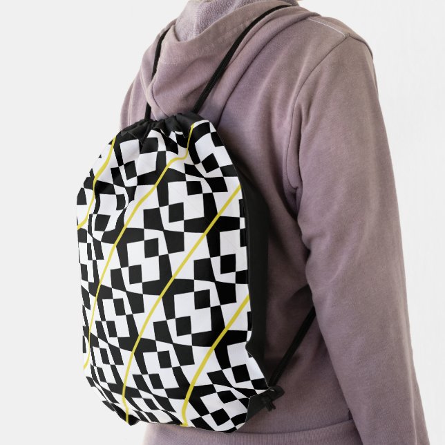 Monochrome Diamonds & X's With Yellow Line Pattern Drawstring Bag (Insitu)