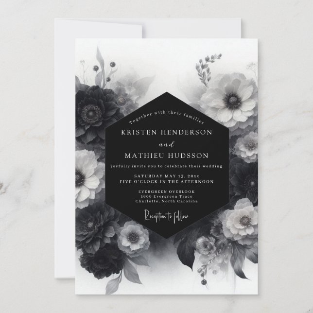 Monochrome Dramatic Bloom Wedding Invitation (Front)