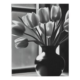 "Monochrome Elegance: Black White Tulip Still Life Faux Canvas Print