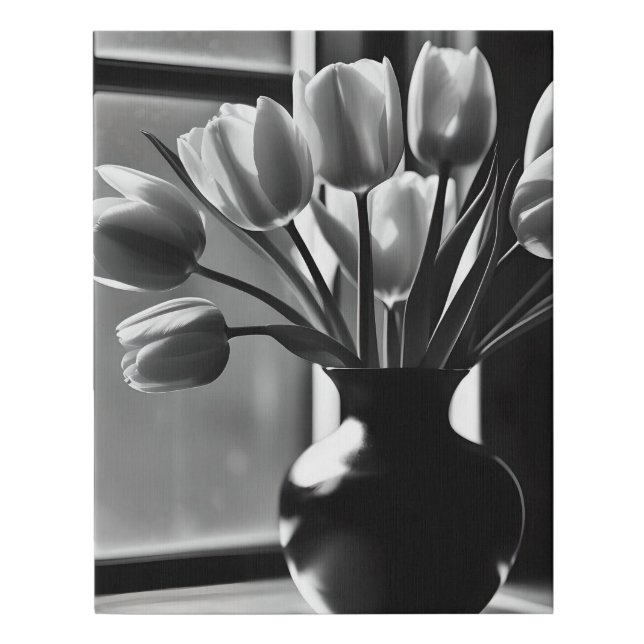 "Monochrome Elegance: Black White Tulip Still Life Faux Canvas Print (Front)