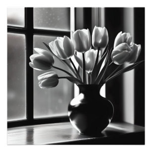 "Monochrome Elegance: Black White Tulip Still Life Photo Print