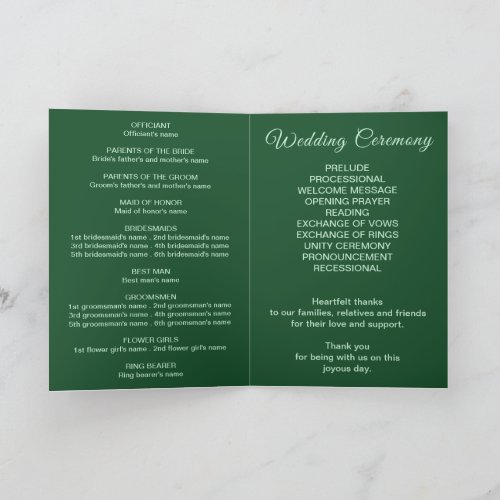 Monochrome Emerald Green Wedding Program Card