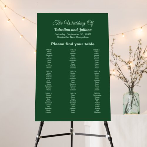 Monochrome Emerald Green Wedding Seating Chart on Foam Board