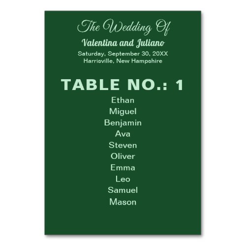 Monochrome Emerald Green With Guests Names Wedding Table Number