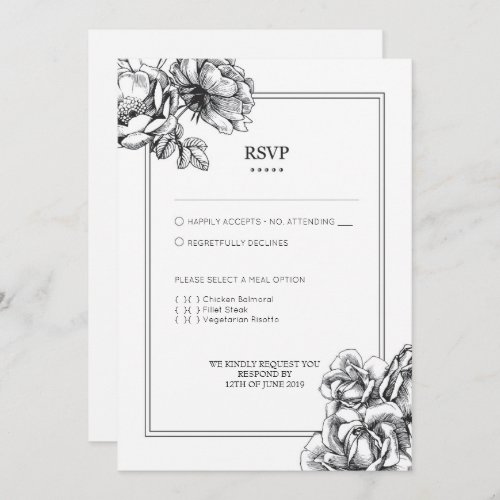 Monochrome Etched Floral Roses RSVP Cards