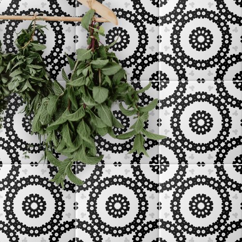 Monochrome Ethnic Folk Mosaic Geometric Pattern Ceramic Tile