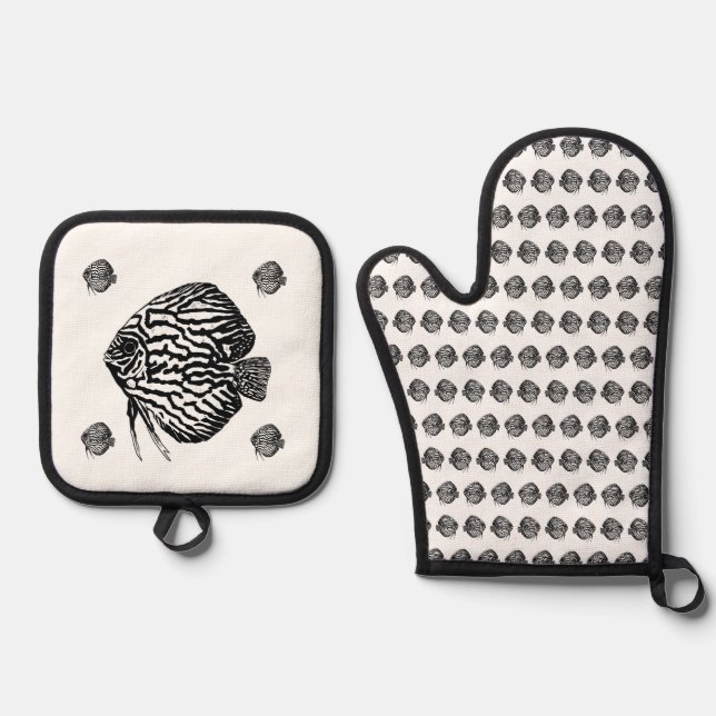 Monochrome Fish Apron Oven Mitt & Pot Holder Set (Front)