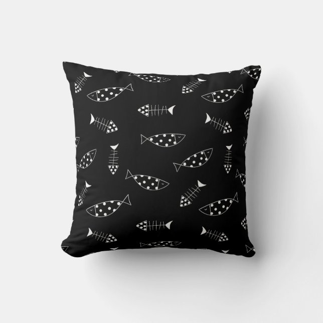 Monochrome Fish Pattern Throw Pillow (Front)