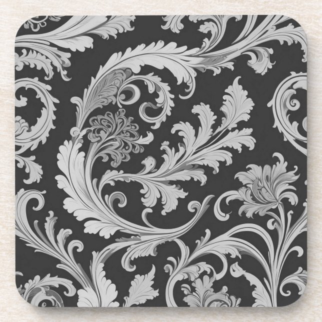 Monochrome Fleur Antique Pattern  Beverage Coaster (Front)