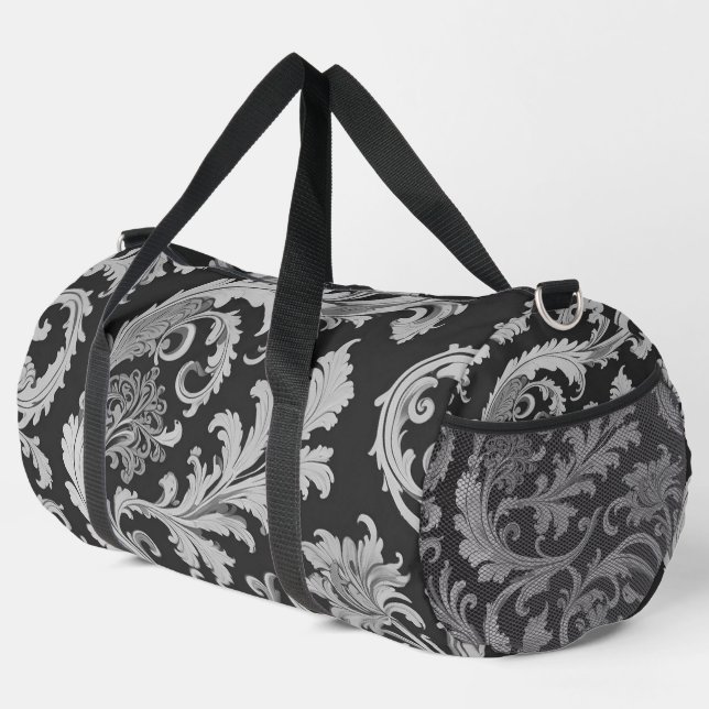 Monochrome Fleur Antique Pattern  Duffle Bag (Right Corner)