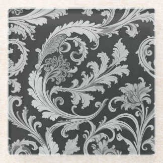 Monochrome Fleur Antique Pattern  Glass Coaster