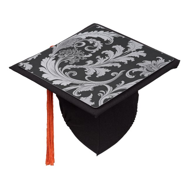 Monochrome Fleur Antique Pattern  Graduation Cap Topper (Angled)