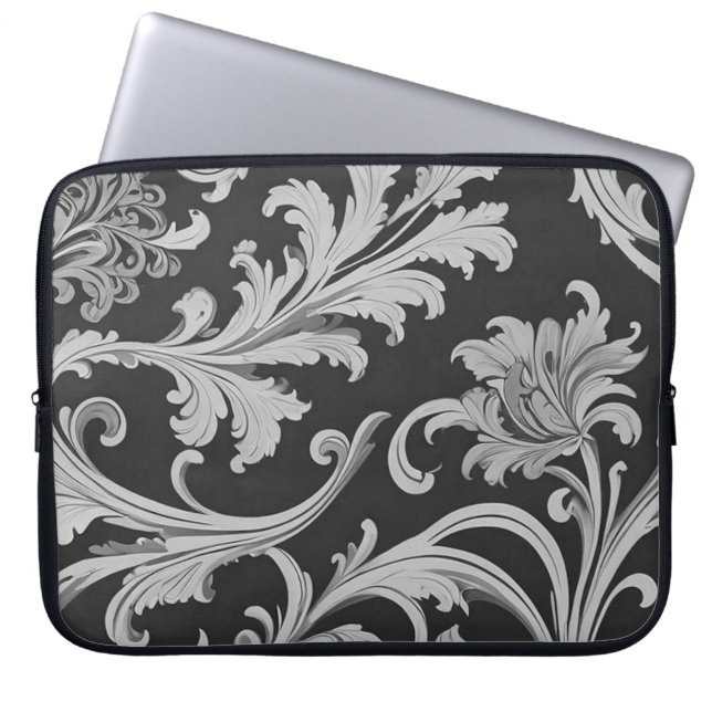 Monochrome Fleur Antique Pattern  Laptop Sleeve (Front)