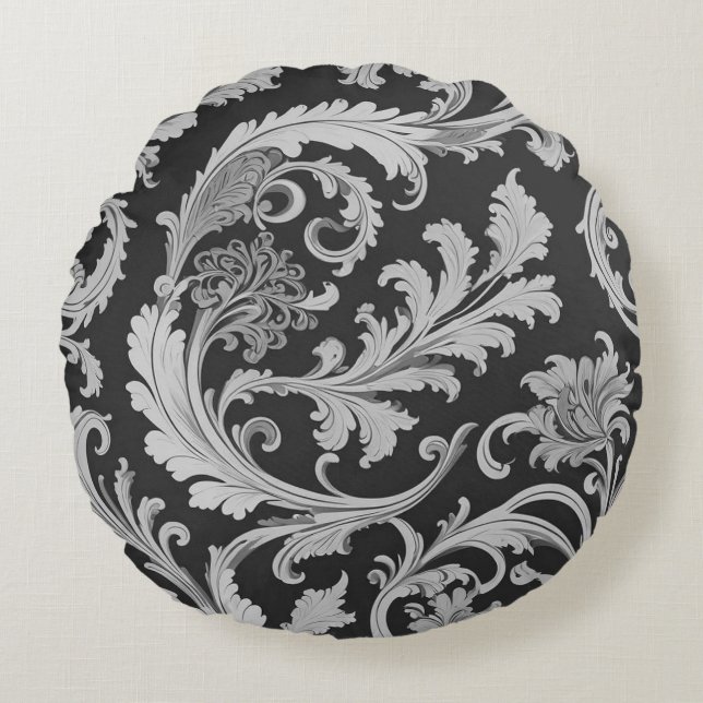 Monochrome Fleur Antique Pattern  Round Pillow (Front)