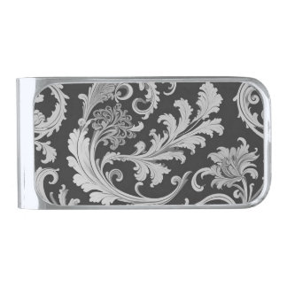 Monochrome Fleur Antique Pattern Silver Finish Money Clip