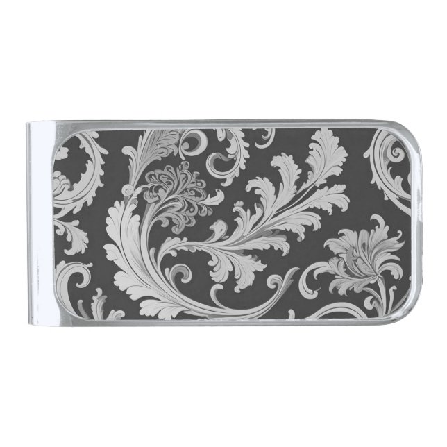 Monochrome Fleur Antique Pattern  Silver Finish Money Clip (Front)